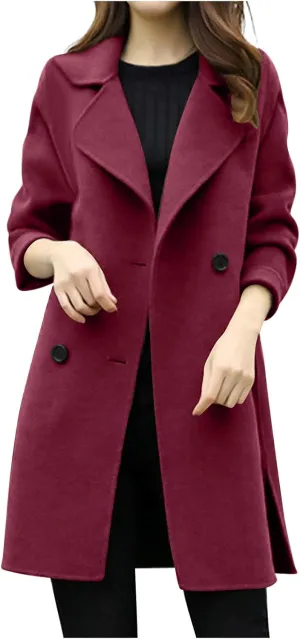 Women's Pea Coat Double Breasted Notched Lapel Wool Coats Casual Open Front Trench Coat Long Outerwear with Belt
