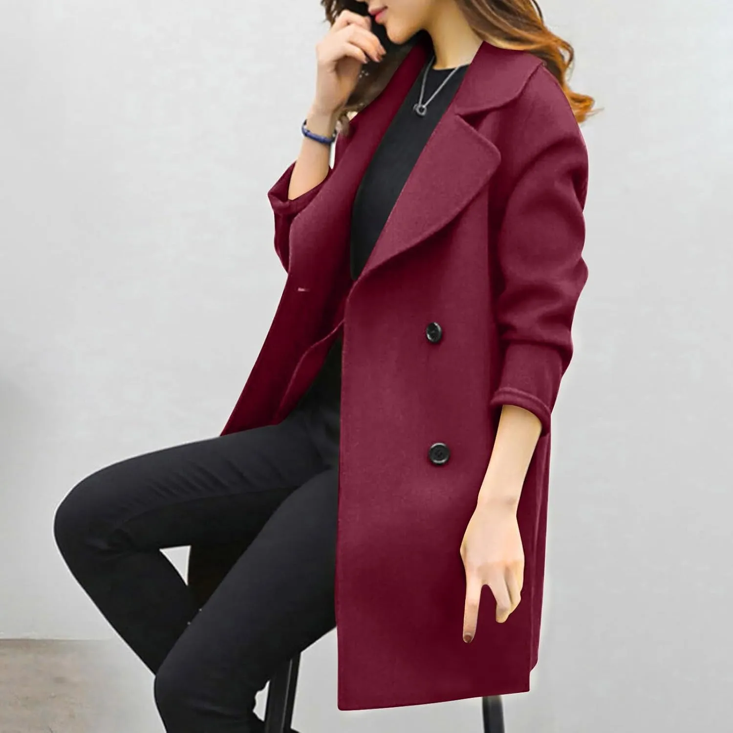 Women's Pea Coat Double Breasted Notched Lapel Wool Coats Casual Open Front Trench Coat Long Outerwear with Belt