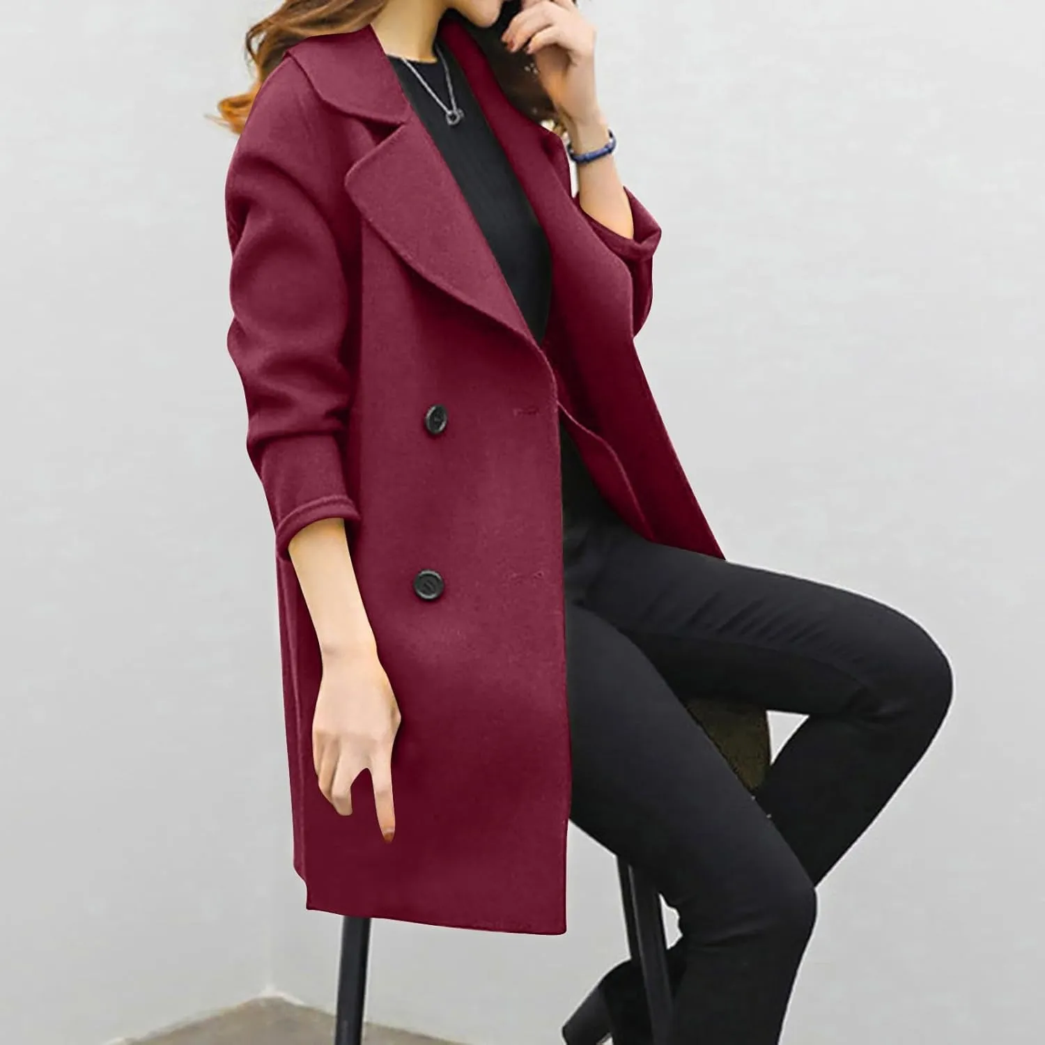 Women's Pea Coat Double Breasted Notched Lapel Wool Coats Casual Open Front Trench Coat Long Outerwear with Belt