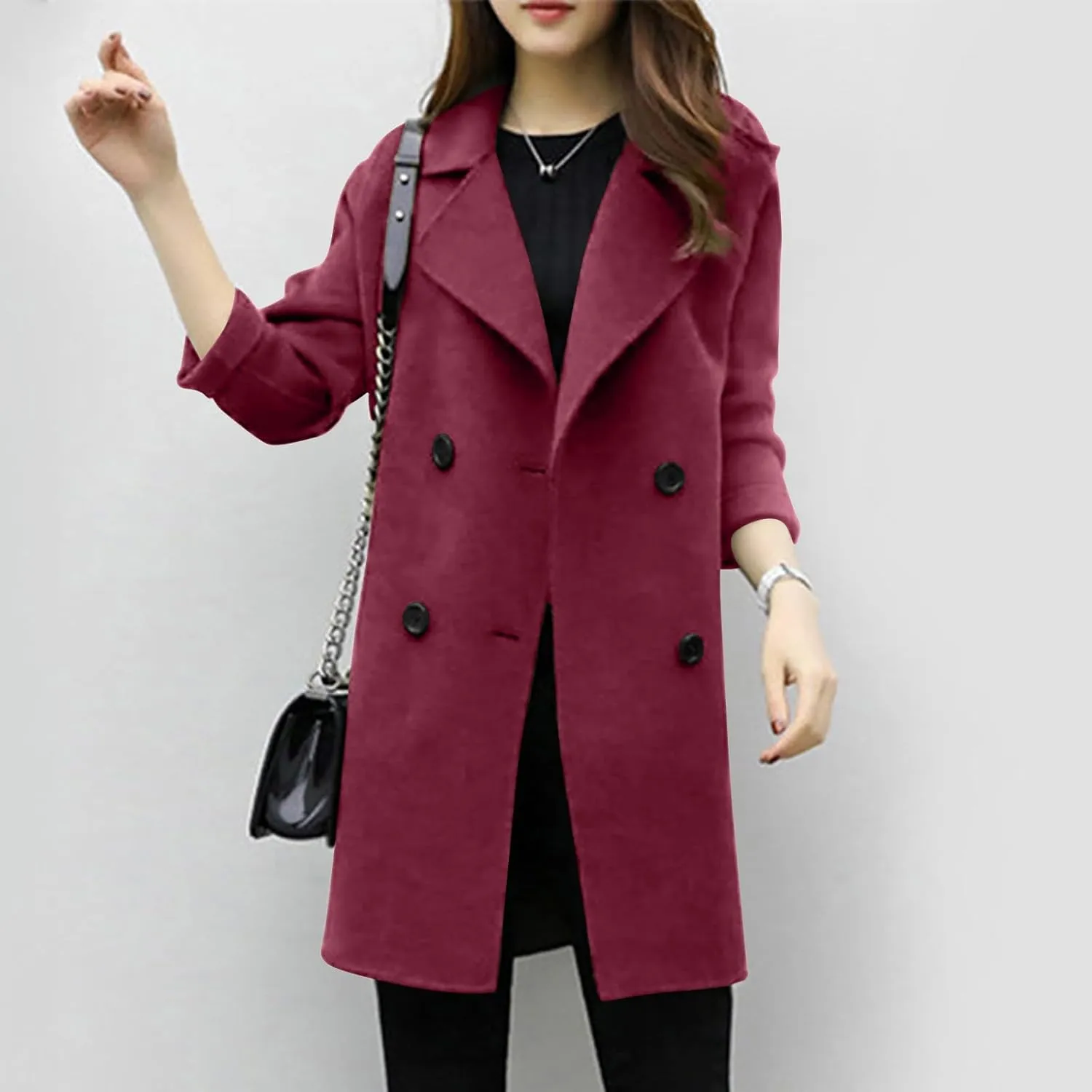 Women's Pea Coat Double Breasted Notched Lapel Wool Coats Casual Open Front Trench Coat Long Outerwear with Belt