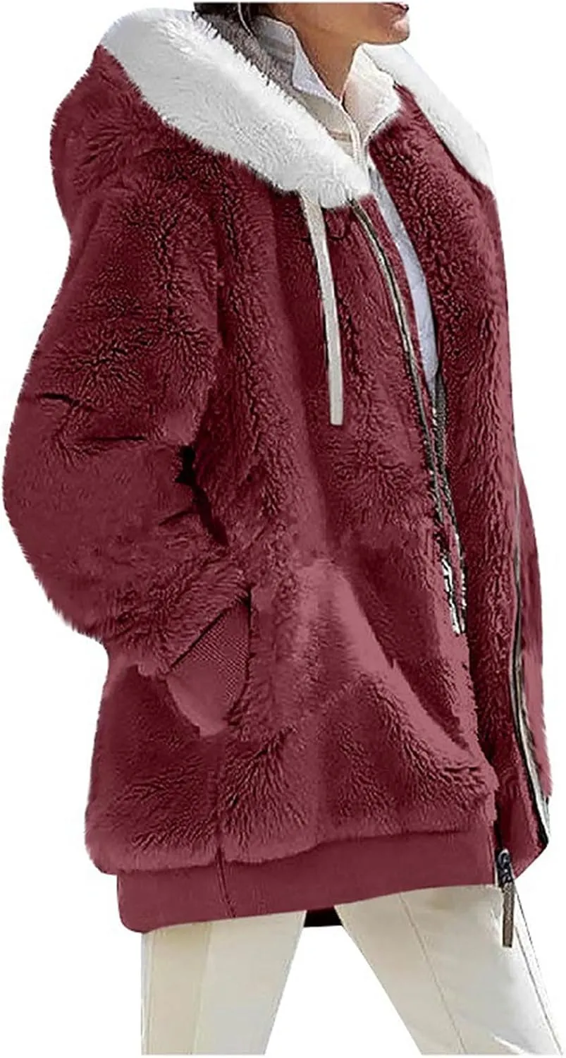 Womens Plus Size Fuzzy Fleece Jacket Casual Long Sleeve Hooded Cardigan Coats 2024 Winter Oversized Soft Warm Outwear