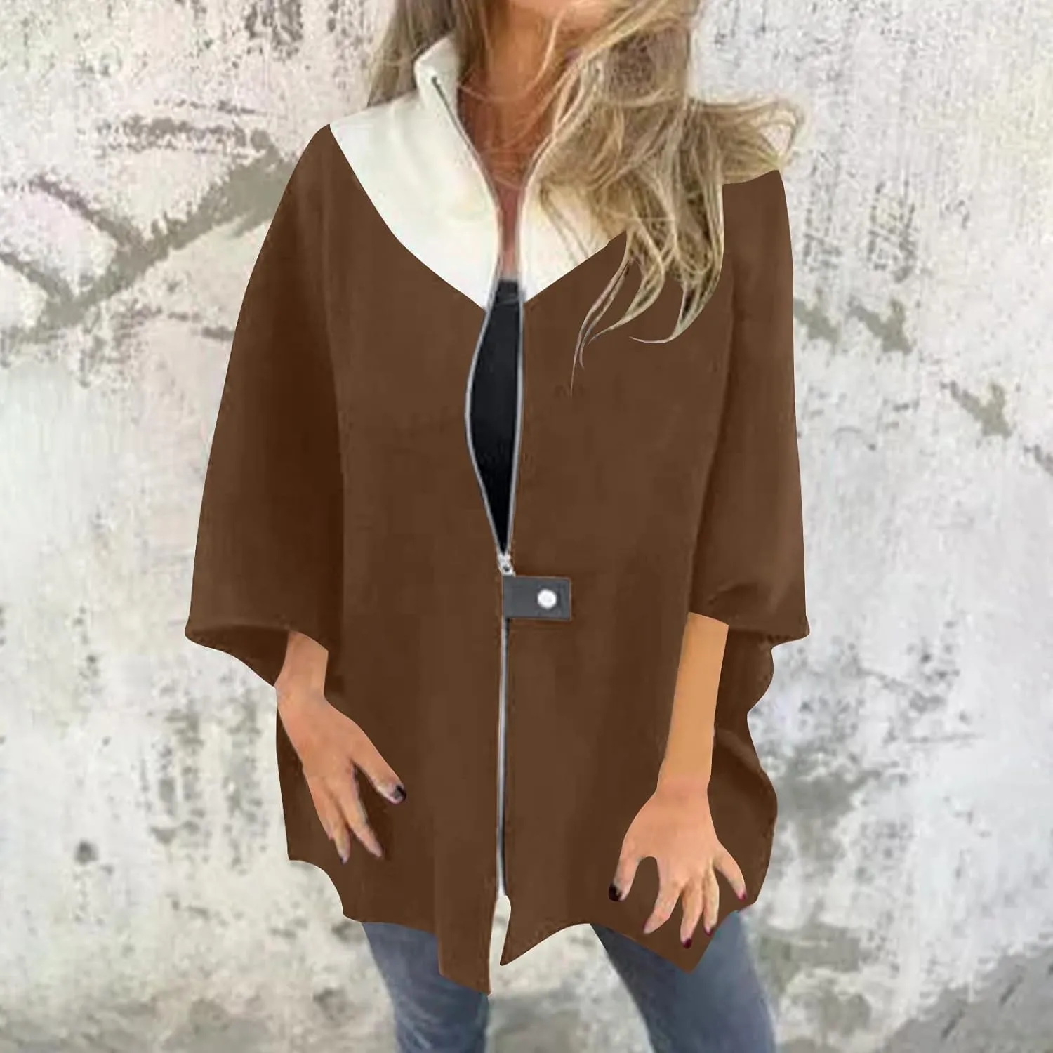 Womens Plus Size Peacoat Jacket Wool Blend Jacket Stand Collar Zip Up Jacket Loose Coat Batwing Long Sleeve Cardigan
