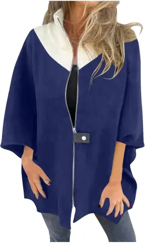 Womens Plus Size Peacoat Jacket Wool Blend Jacket Stand Collar Zip Up Jacket Loose Coat Batwing Long Sleeve Cardigan