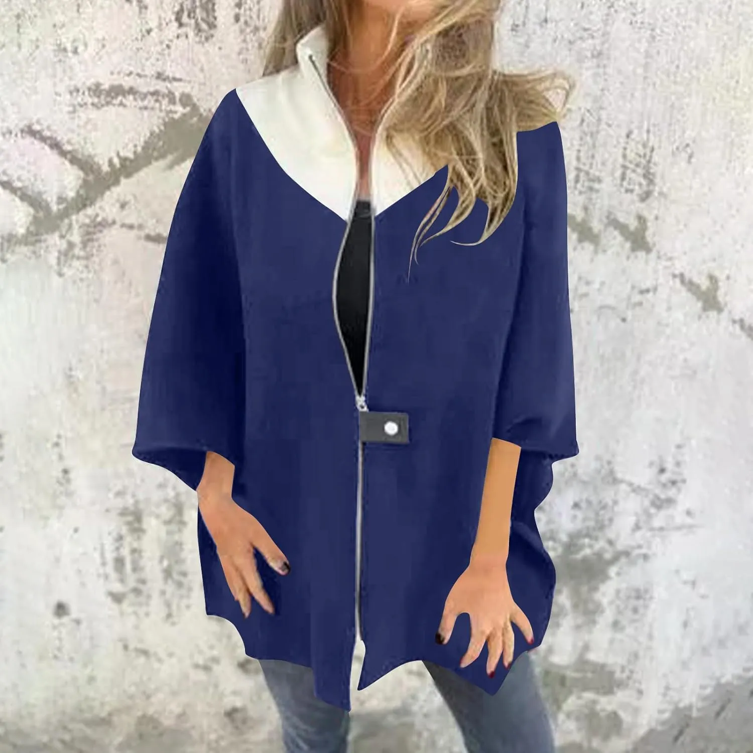 Womens Plus Size Peacoat Jacket Wool Blend Jacket Stand Collar Zip Up Jacket Loose Coat Batwing Long Sleeve Cardigan