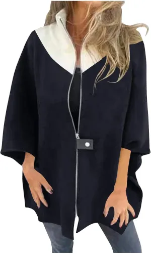 Womens Plus Size Peacoat Jacket Wool Blend Jacket Stand Collar Zip Up Jacket Loose Coat Batwing Long Sleeve Cardigan