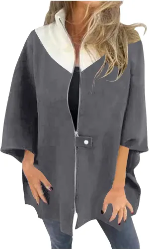 Womens Plus Size Peacoat Jacket Wool Blend Jacket Stand Collar Zip Up Jacket Loose Coat Batwing Long Sleeve Cardigan