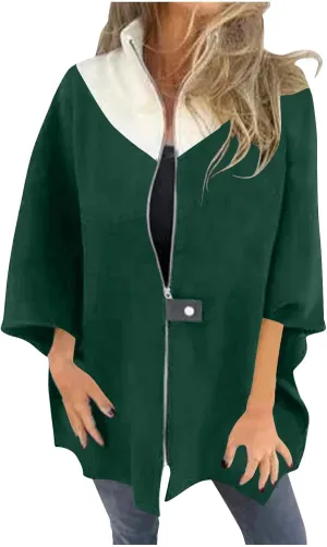 Womens Plus Size Peacoat Jacket Wool Blend Jacket Stand Collar Zip Up Jacket Loose Coat Batwing Long Sleeve Cardigan