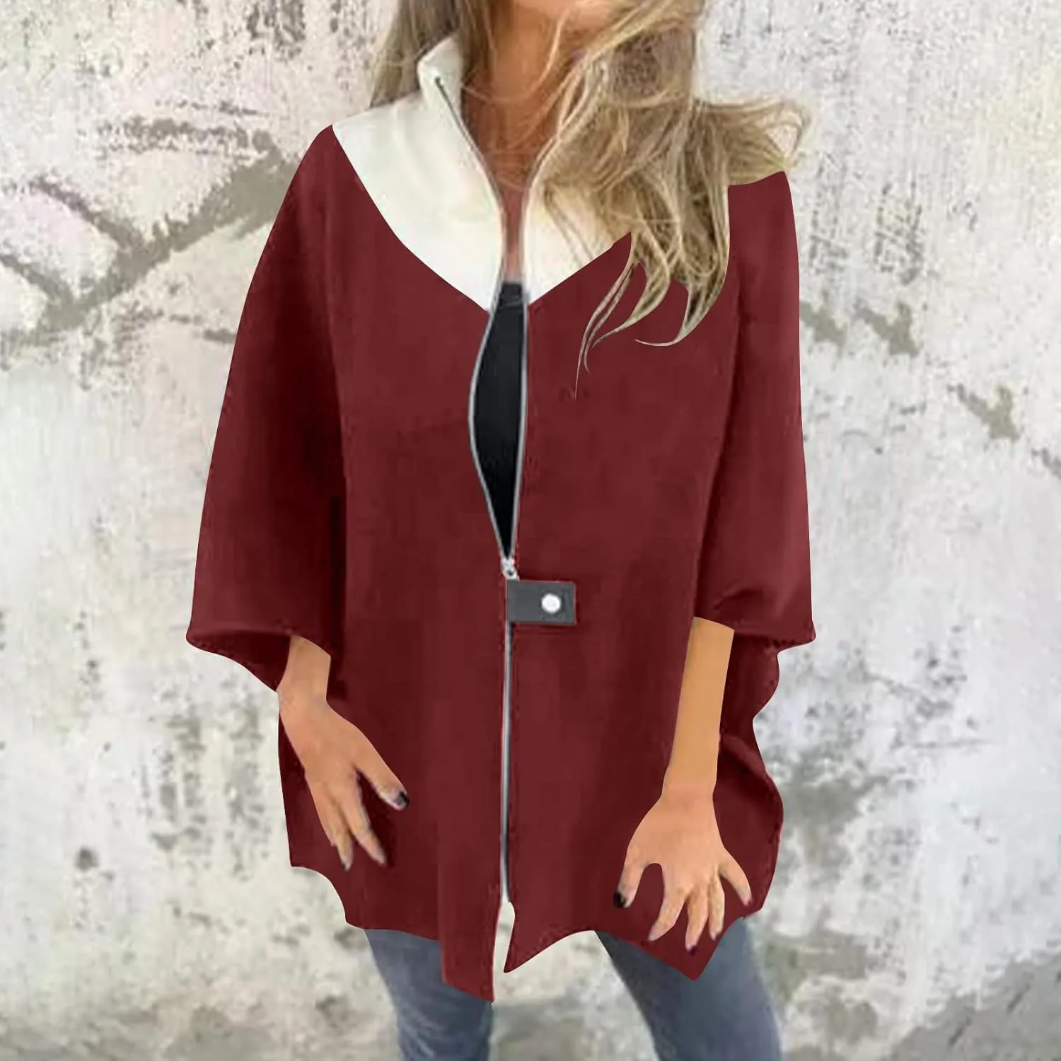 Womens Plus Size Peacoat Jacket Wool Blend Jacket Stand Collar Zip Up Jacket Loose Coat Batwing Long Sleeve Cardigan