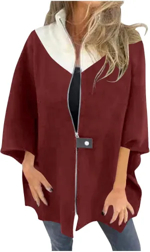 Womens Plus Size Peacoat Jacket Wool Blend Jacket Stand Collar Zip Up Jacket Loose Coat Batwing Long Sleeve Cardigan