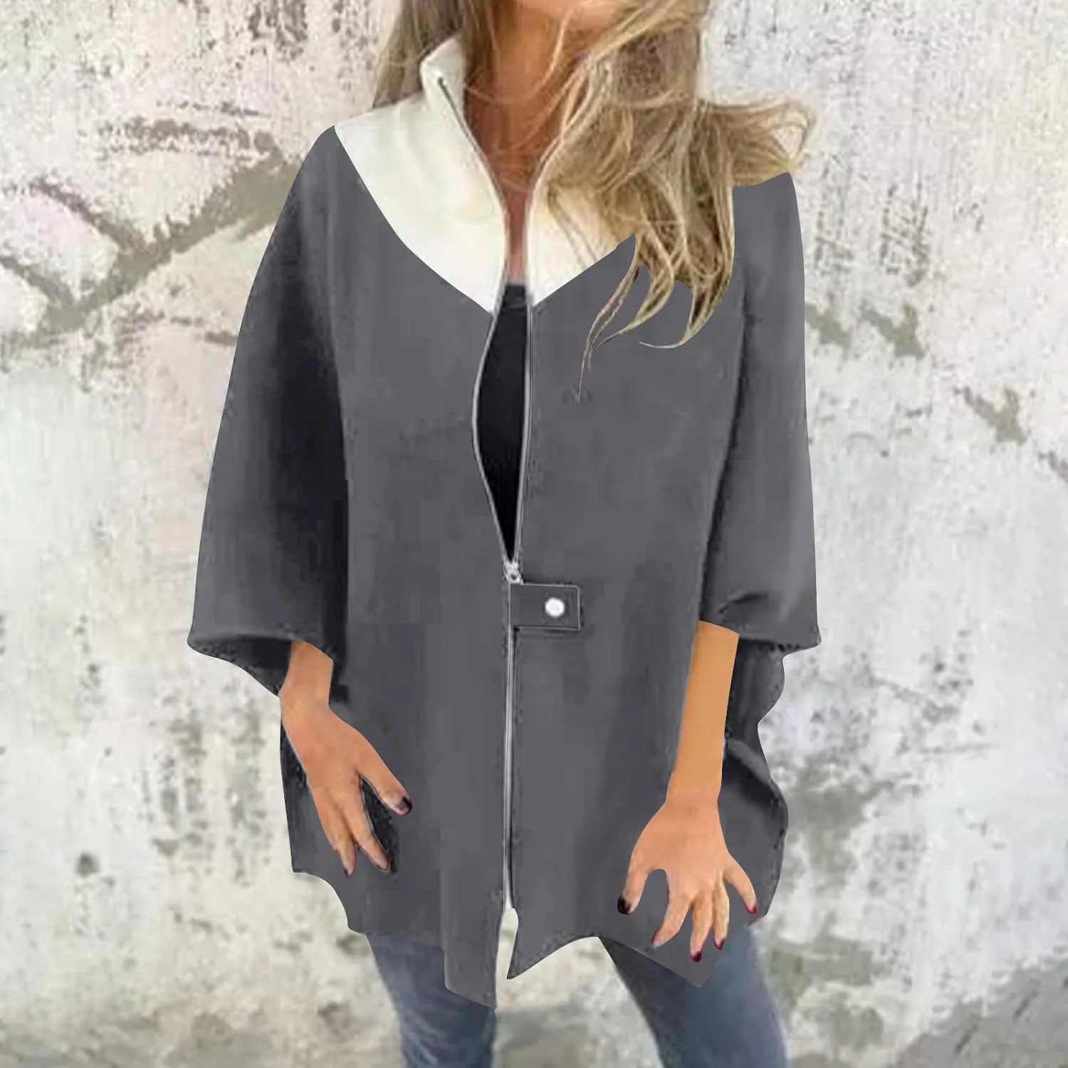 Womens Plus Size Peacoat Jacket Wool Blend Jacket Stand Collar Zip Up Jacket Loose Coat Batwing Long Sleeve Cardigan