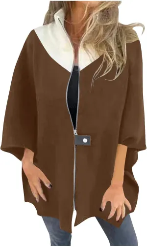 Womens Plus Size Peacoat Jacket Wool Blend Jacket Stand Collar Zip Up Jacket Loose Coat Batwing Long Sleeve Cardigan