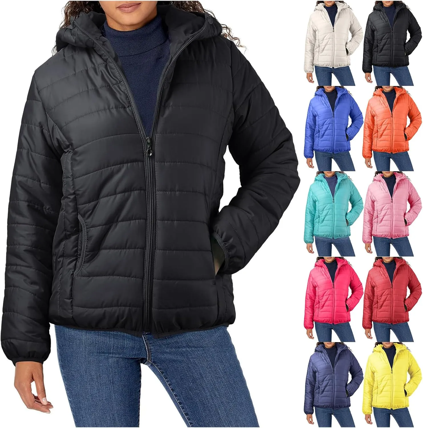 Women's Puffer Jacket Lightweight Slim Fit Short Down Jacket Casual Zip Up Outwear Hooded Warm Puffy Coats with Pocket