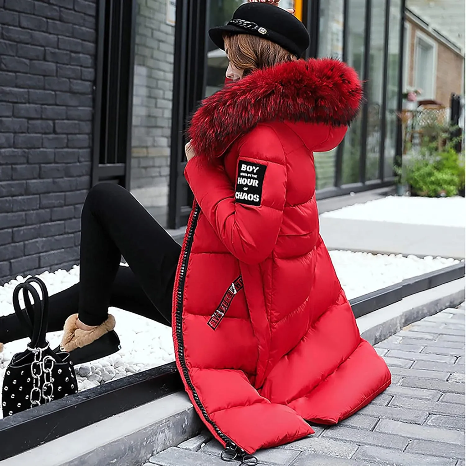 Womens Puffer Jacket Packable Down Coat Button Padded Quilted Outwear With Faux Fur Hood Thicken Fleece Lined Jackets