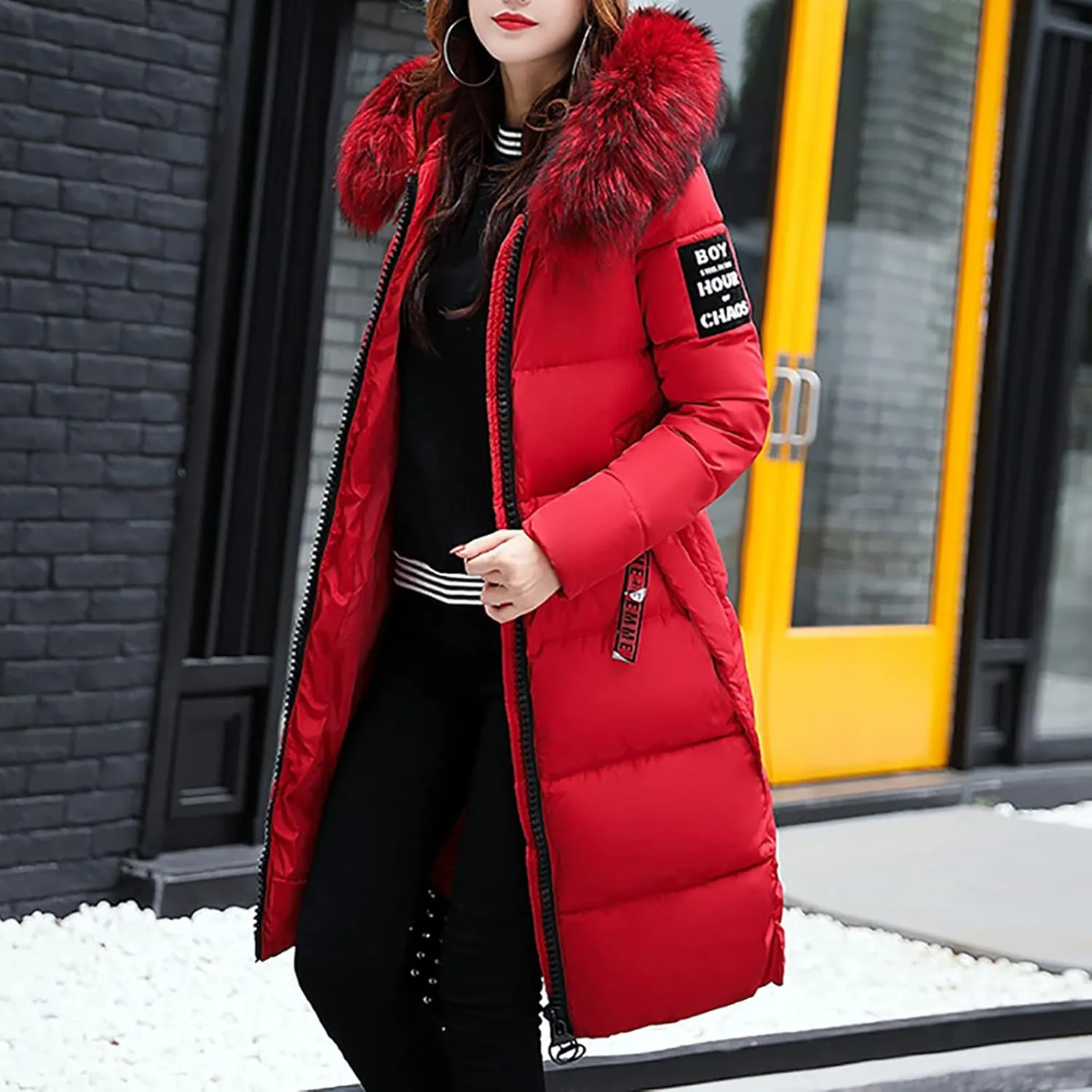 Womens Puffer Jacket Packable Down Coat Button Padded Quilted Outwear With Faux Fur Hood Thicken Fleece Lined Jackets