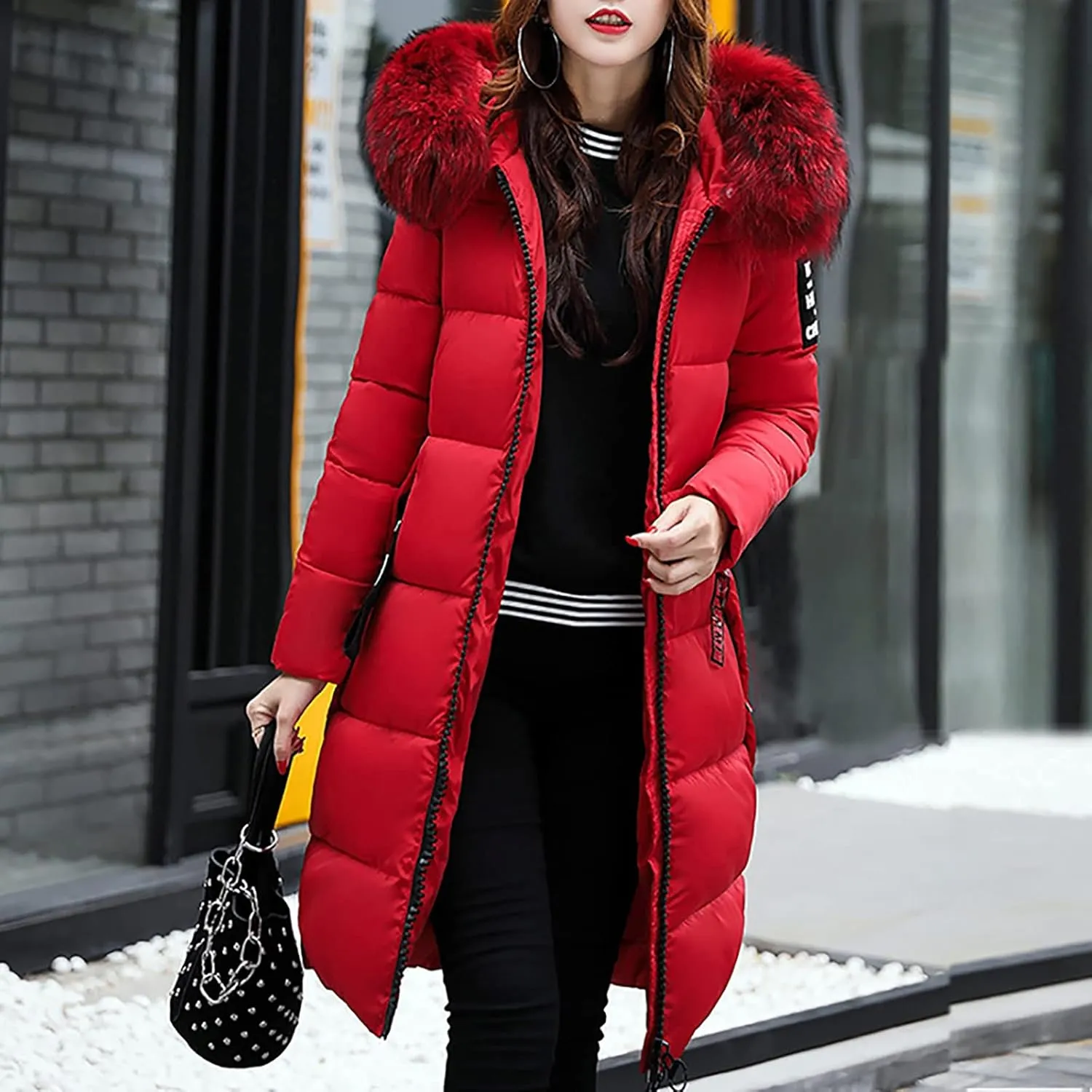 Womens Puffer Jacket Packable Down Coat Button Padded Quilted Outwear With Faux Fur Hood Thicken Fleece Lined Jackets