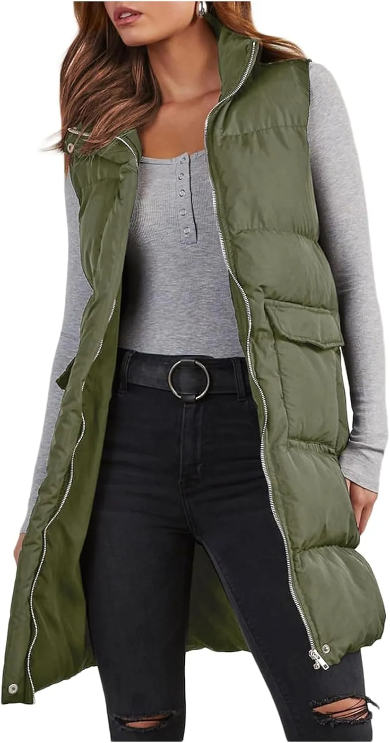 Womens Puffer Vest Casual Hooded Sleeveless Zip Up Long Jacket Lightweight Quilted Jackets Down Coat Winter Clothes