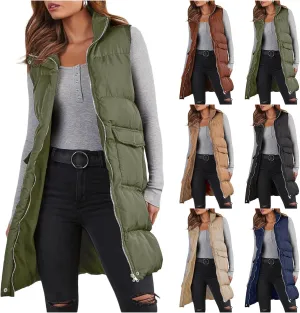 Womens Puffer Vest Casual Hooded Sleeveless Zip Up Long Jacket Lightweight Quilted Jackets Down Coat Winter Clothes