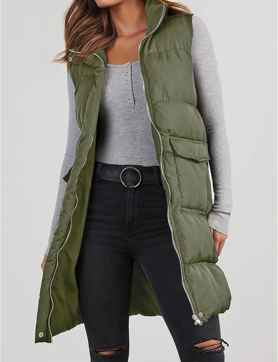 Womens Puffer Vest Casual Hooded Sleeveless Zip Up Long Jacket Lightweight Quilted Jackets Down Coat Winter Clothes
