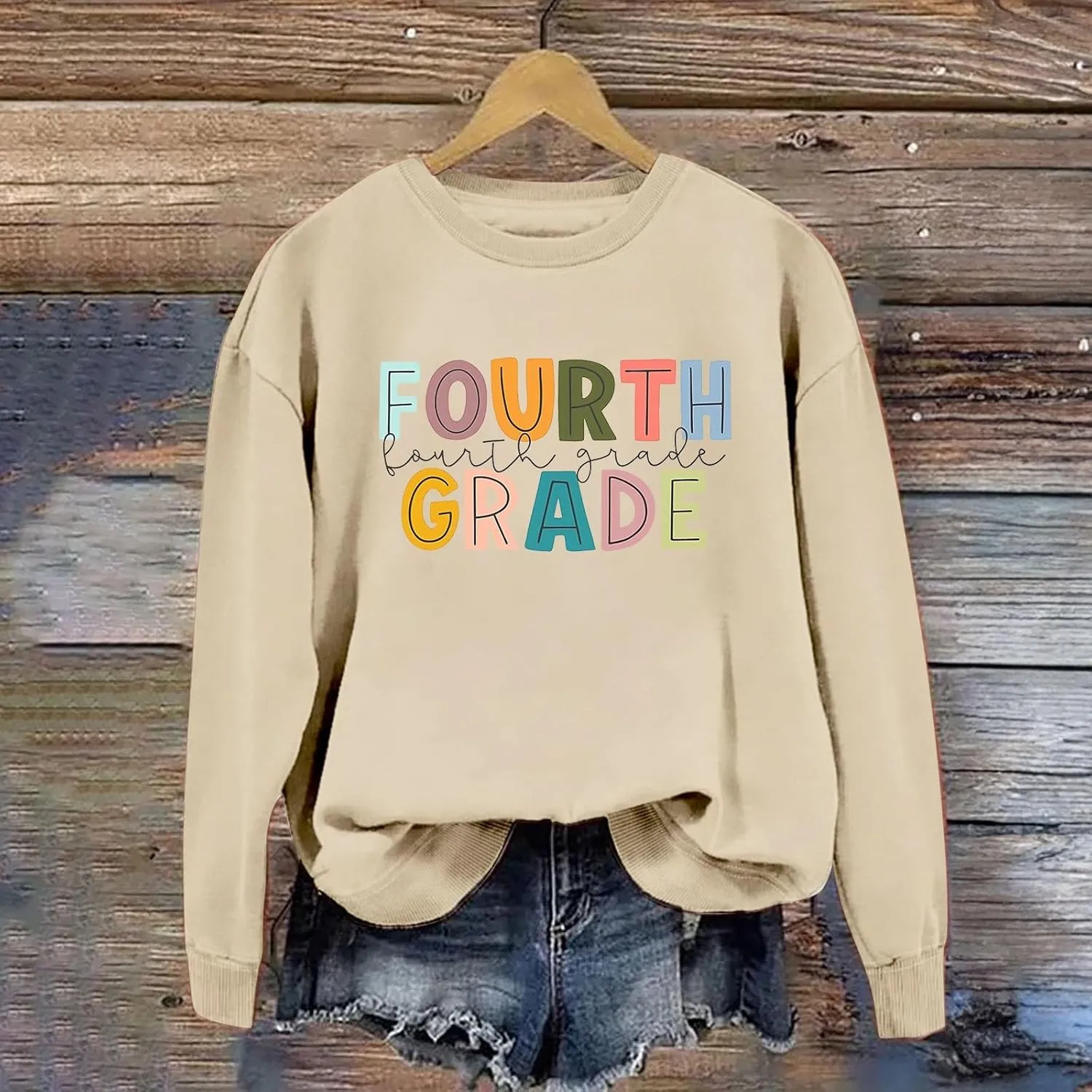 Womens Pullover Sweatshirts Beige Cute Print Round Neck Long Sleeve Hoodless Loose Blouse Autumn Outdoor Workout Tops