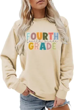 Womens Pullover Sweatshirts Beige Cute Print Round Neck Long Sleeve Hoodless Loose Blouse Autumn Outdoor Workout Tops