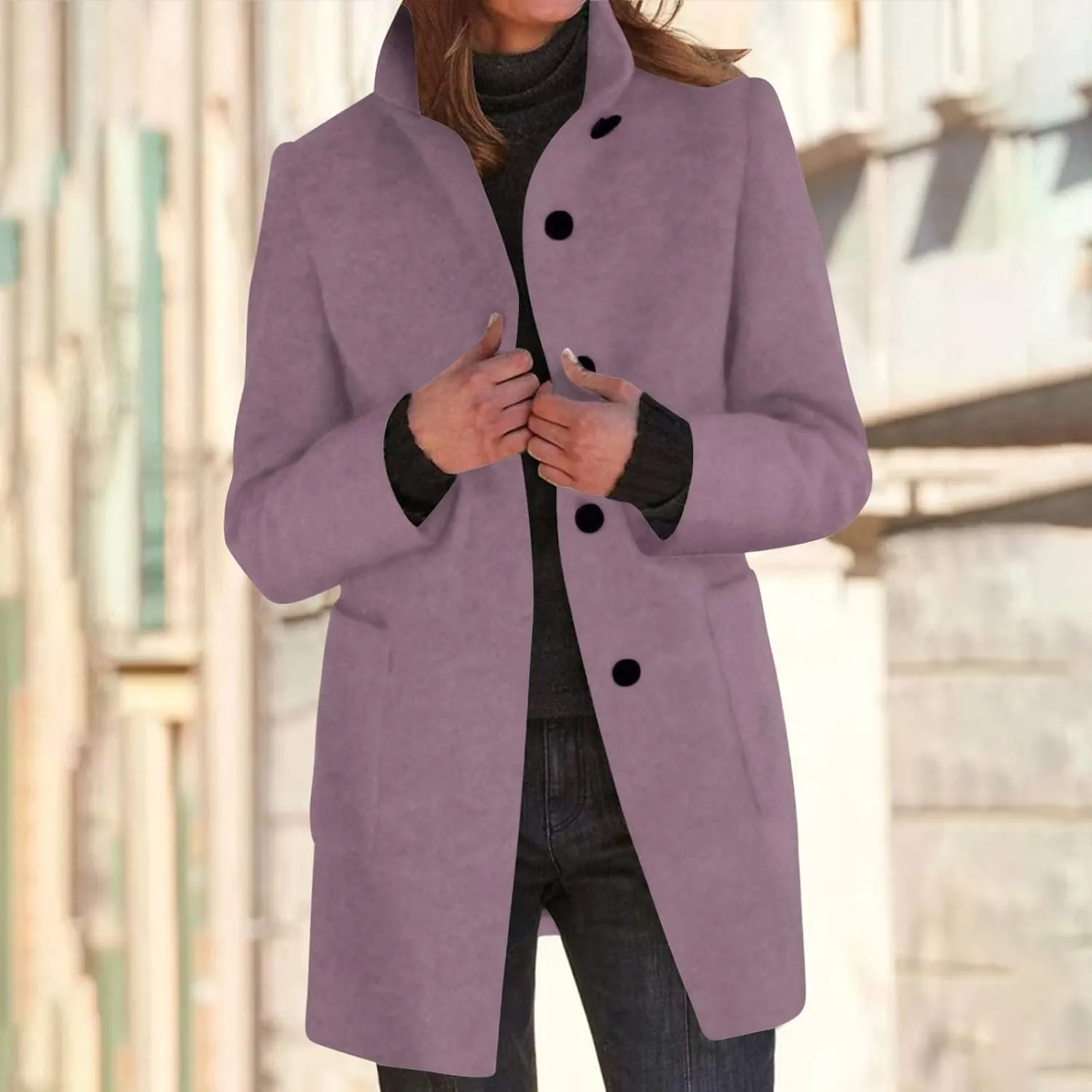 Womens Single-Breasted Wool Coats Casual Lapel Collared Oversized Trench Coat Soft Warm Winter Pea Coat Outwear