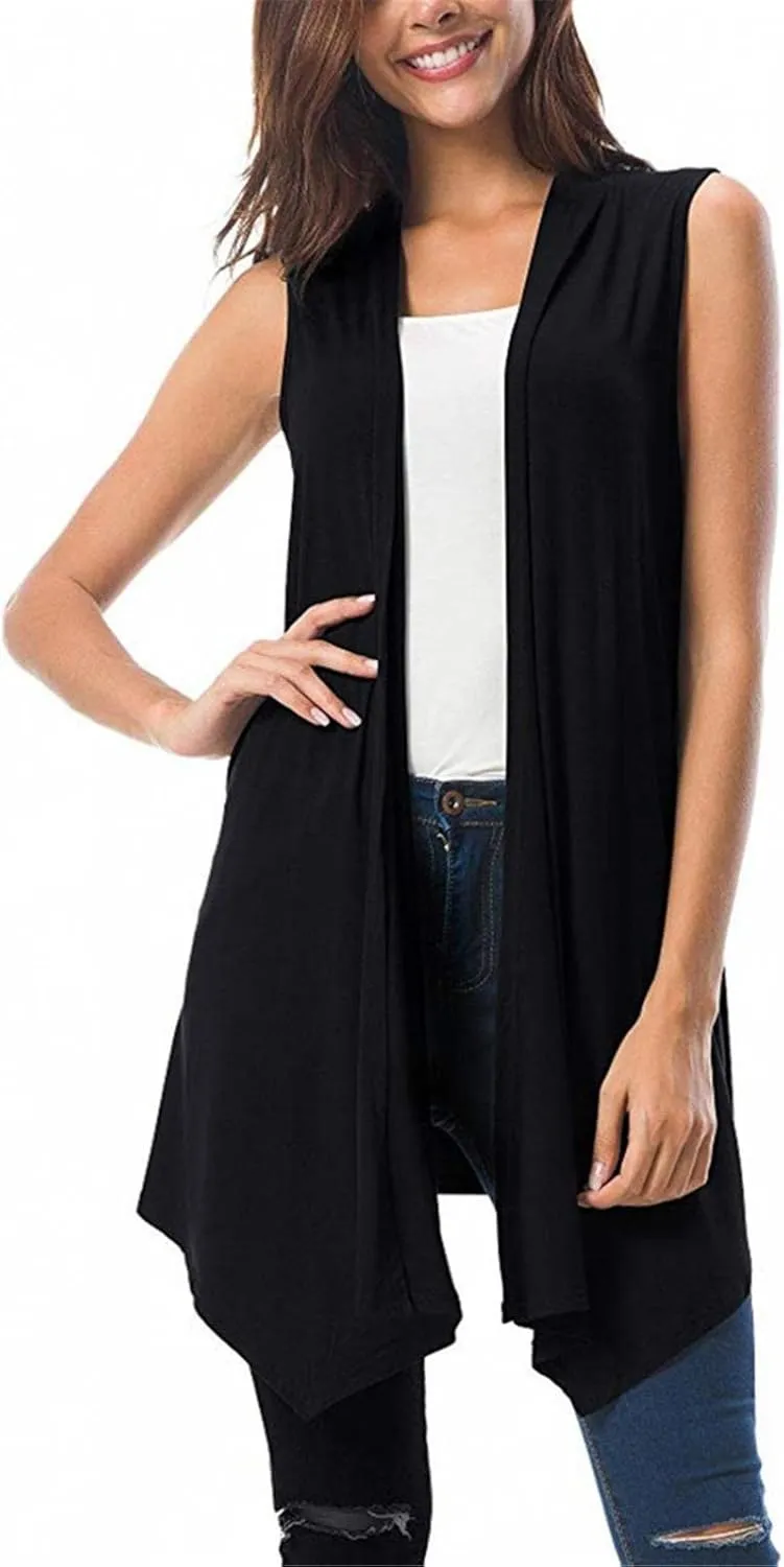 Women's Sleeveless Lightweight Draped Cardigan Vest Asymmetric Hem Open Front Coat Outerwear