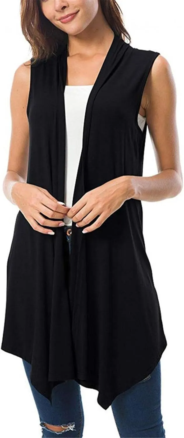 Women's Sleeveless Lightweight Draped Cardigan Vest Asymmetric Hem Open Front Coat Outerwear