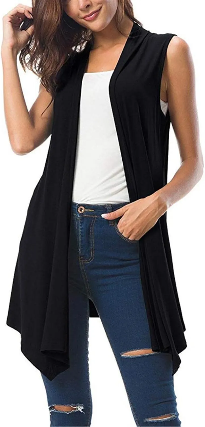 Women's Sleeveless Lightweight Draped Cardigan Vest Asymmetric Hem Open Front Coat Outerwear