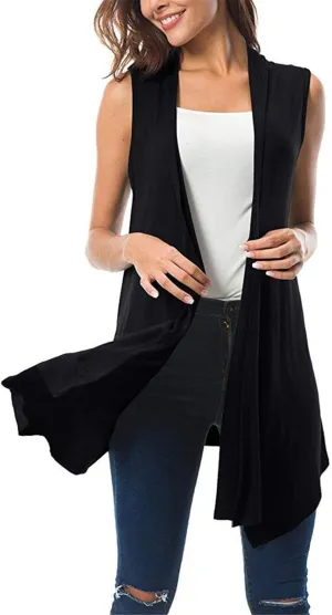 Women's Sleeveless Lightweight Draped Cardigan Vest Asymmetric Hem Open Front Coat Outerwear