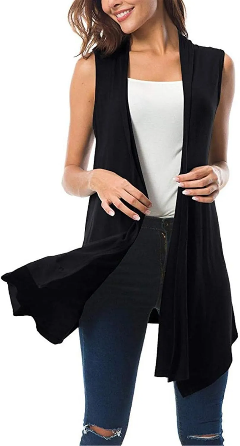 Women's Sleeveless Lightweight Draped Cardigan Vest Asymmetric Hem Open Front Coat Outerwear
