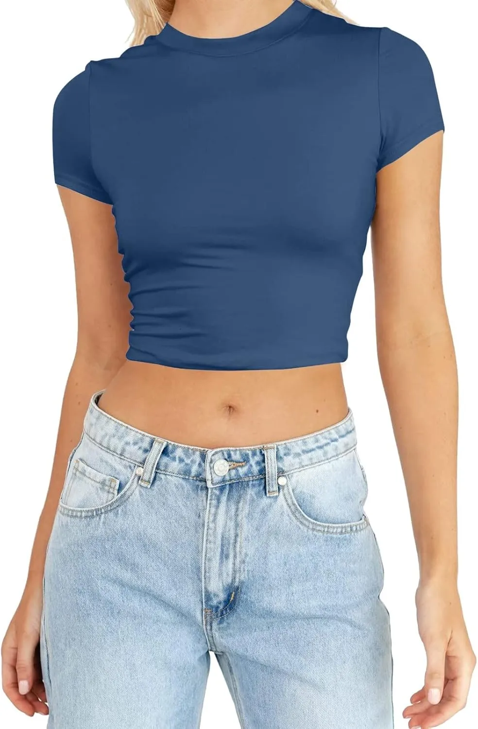 Womens Slim Fit Crop Top Trendy Solid Color Y2K Athletic Tight Pullover Tee Long Sleeve Round Neck Casual Yoga Blouse