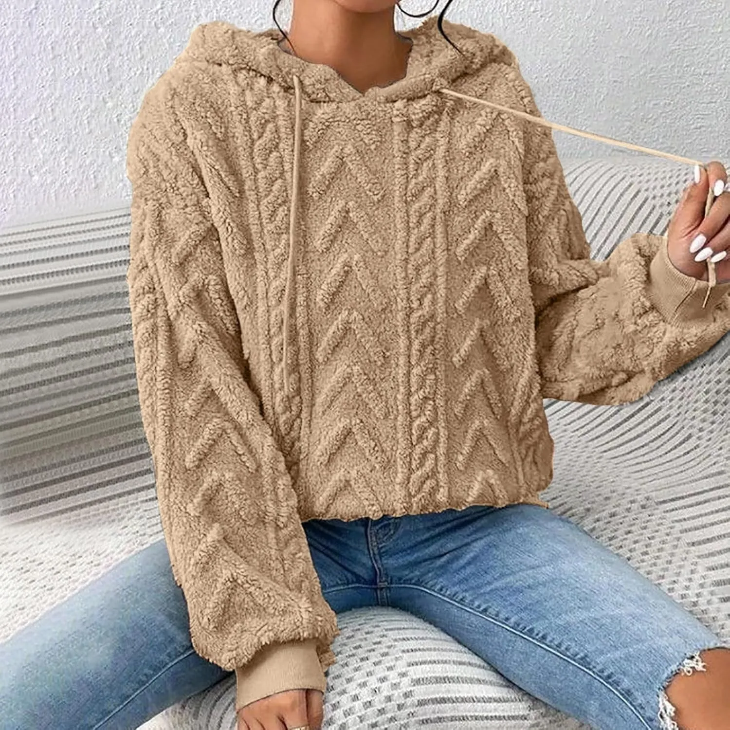 Women’s Slub Knit Full-Zip Hoodie Women's Solid Plush Spliced Women's New Long Sleeve Pullover Fall Outfits with