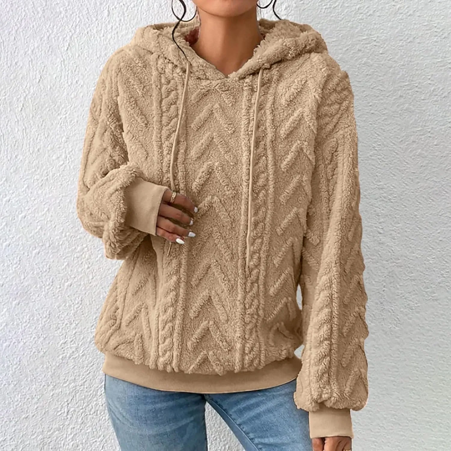 Women’s Slub Knit Full-Zip Hoodie Women's Solid Plush Spliced Women's New Long Sleeve Pullover Fall Outfits with