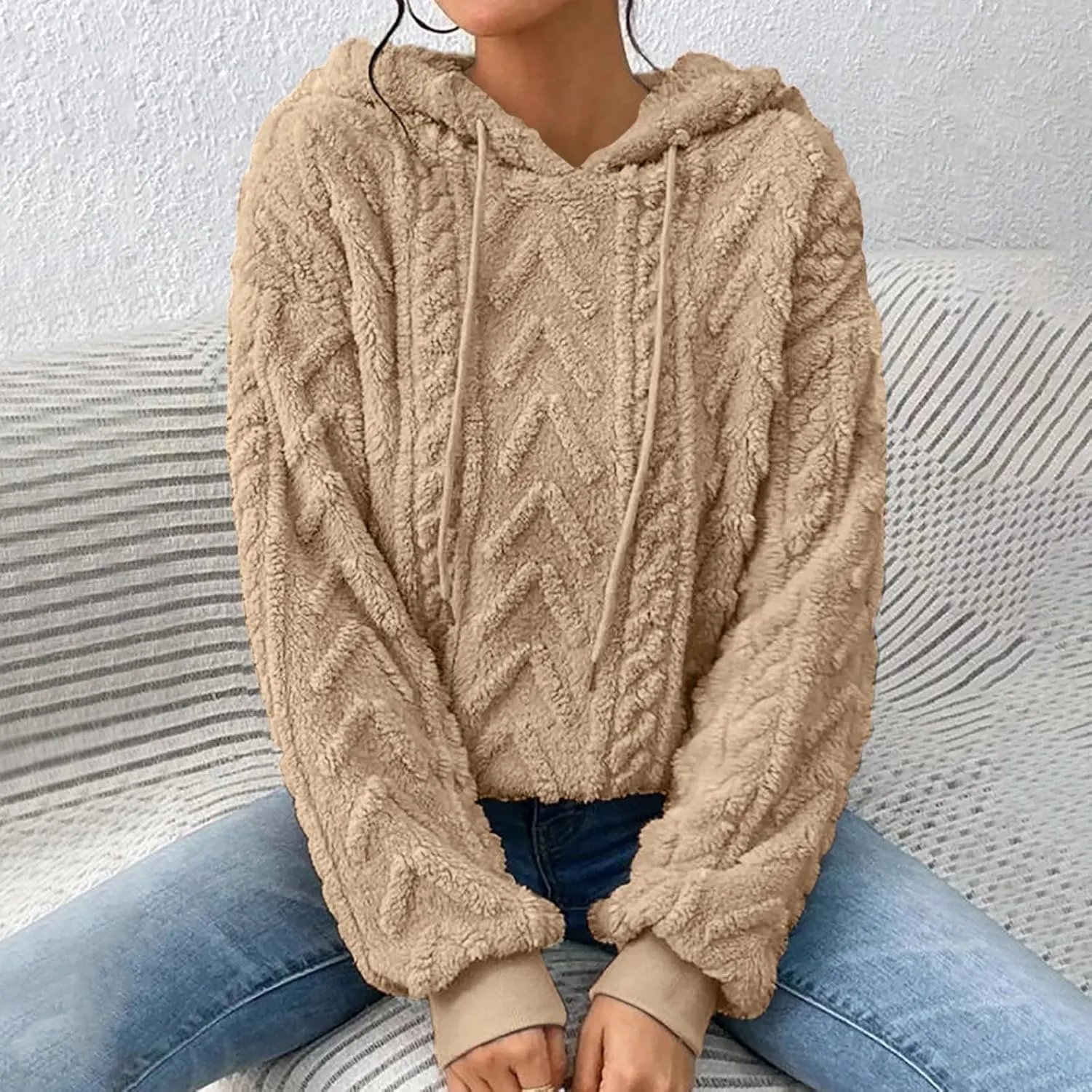 Women’s Slub Knit Full-Zip Hoodie Women's Solid Plush Spliced Women's New Long Sleeve Pullover Fall Outfits with