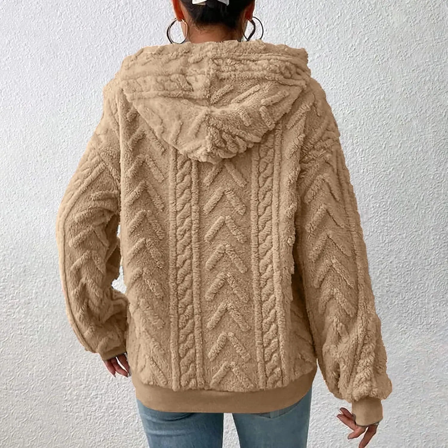 Women’s Slub Knit Full-Zip Hoodie Women's Solid Plush Spliced Women's New Long Sleeve Pullover Fall Outfits with