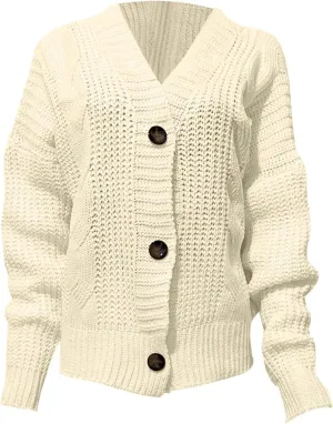 Women's Solid Color Knitted Hooded Sweater Cardigan Jacket Loose Vintage Sweaters Front Open Chunky Warm Coats