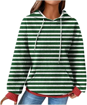 Womens Striped Hoodies Drawstring Fall Fashion Long Sleeve Sweatshirts Color Block Loose Pullover Tops with Pockets