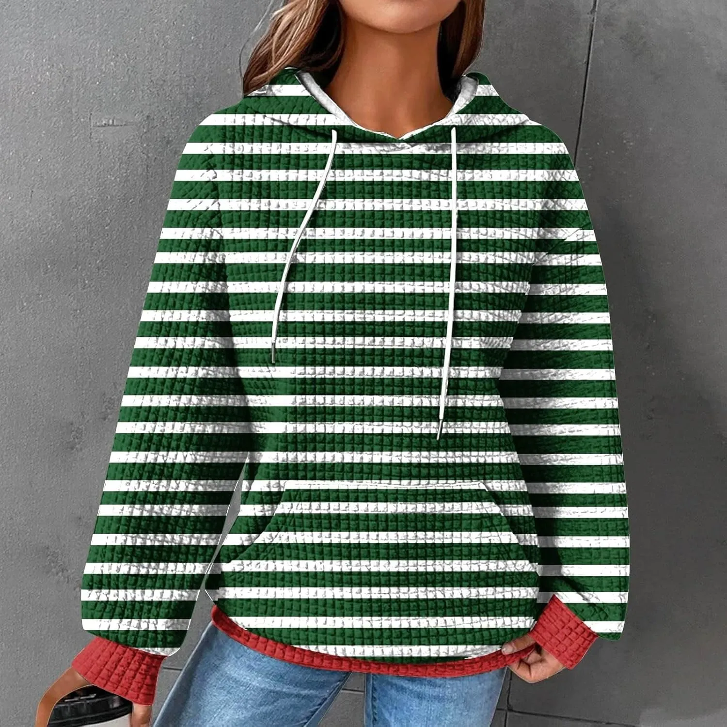 Womens Striped Hoodies Drawstring Fall Fashion Long Sleeve Sweatshirts Color Block Loose Pullover Tops with Pockets