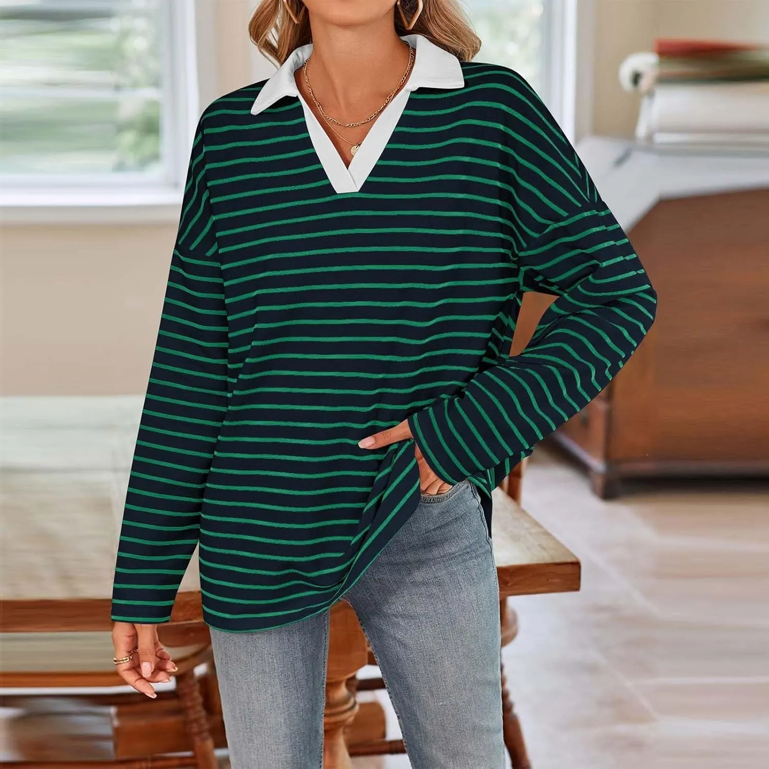 Womens Striped Sweatshirts 2024 V Neck Casual Loose Blouses Business Casual Fall Fashion Outfits Clothes