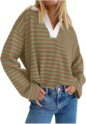 Womens Striped Sweatshirts 2024 V Neck Casual Loose Blouses Business Casual Fall Fashion Outfits Clothes
