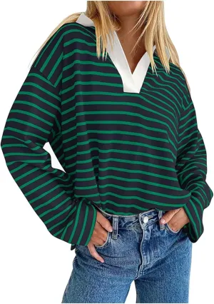 Womens Striped Sweatshirts 2024 V Neck Casual Loose Blouses Business Casual Fall Fashion Outfits Clothes