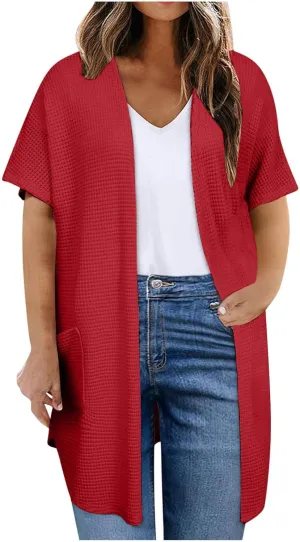 Women's Summer Waffle Cardigan Fashion Lightweight Short Sleeve Open Front Cardigans Beach Cover Up with Pockets