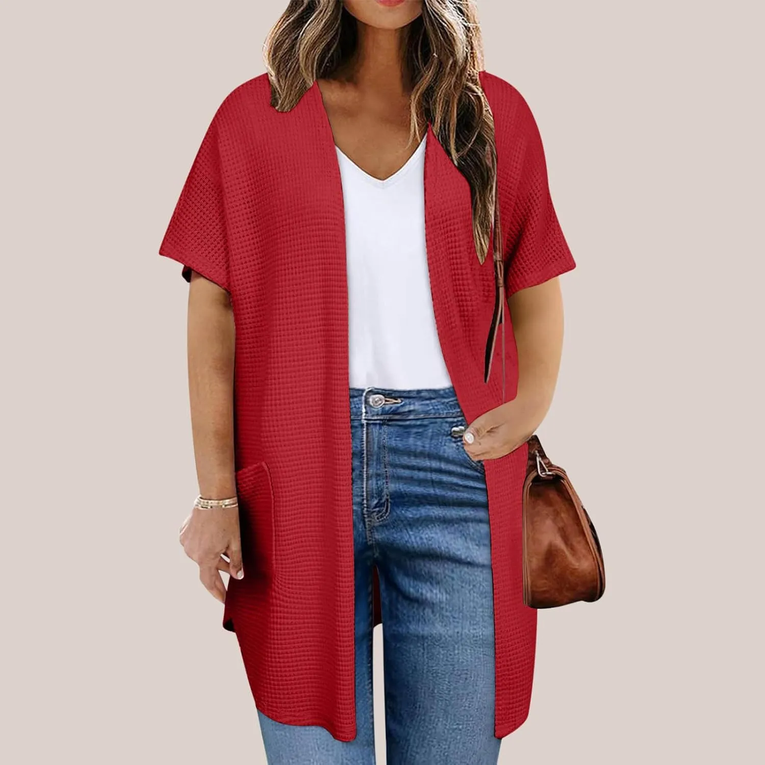 Women's Summer Waffle Cardigan Fashion Lightweight Short Sleeve Open Front Cardigans Beach Cover Up with Pockets