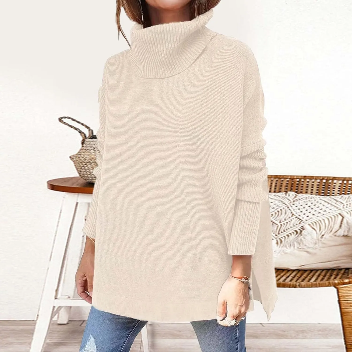Women's Sweaters Turtleneck Batwing Sleeve Loose Oversized Sweaters Chunky Knitted Pullover Streetwear Western Adult
