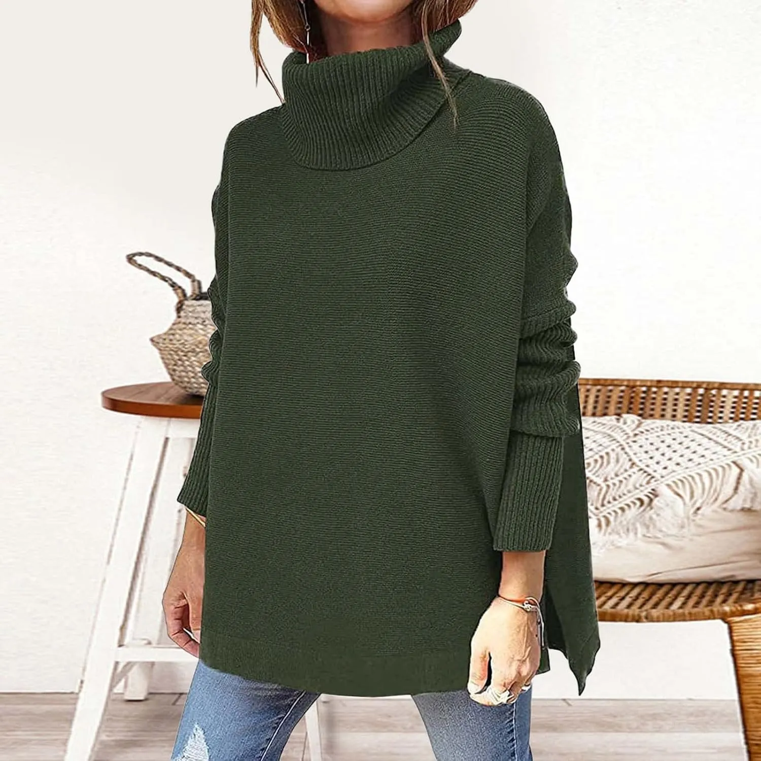 Women's Sweaters Turtleneck Batwing Sleeve Loose Oversized Sweaters Chunky Knitted Pullover Streetwear Western Adult