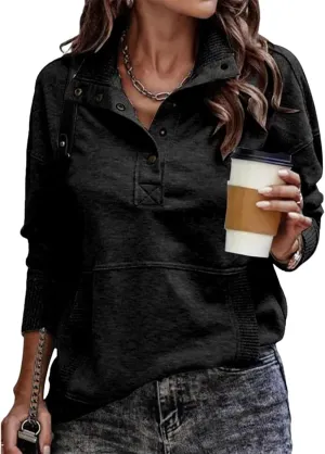 Womens Sweatshirt Casual Long Sleeve Henley Button V Neck Lightweight Sweatshirts Loose Pullover Tops with Pocket