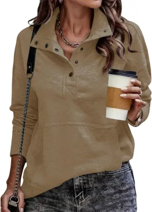 Womens Sweatshirt Casual Long Sleeve Henley Button V Neck Lightweight Sweatshirts Loose Pullover Tops with Pocket