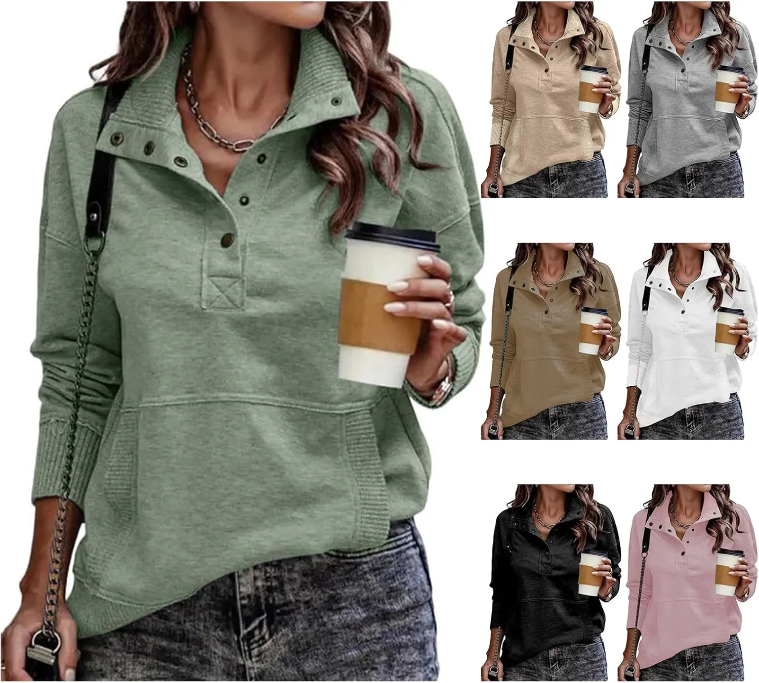 Womens Sweatshirt Casual Long Sleeve Henley Button V Neck Lightweight Sweatshirts Loose Pullover Tops with Pocket