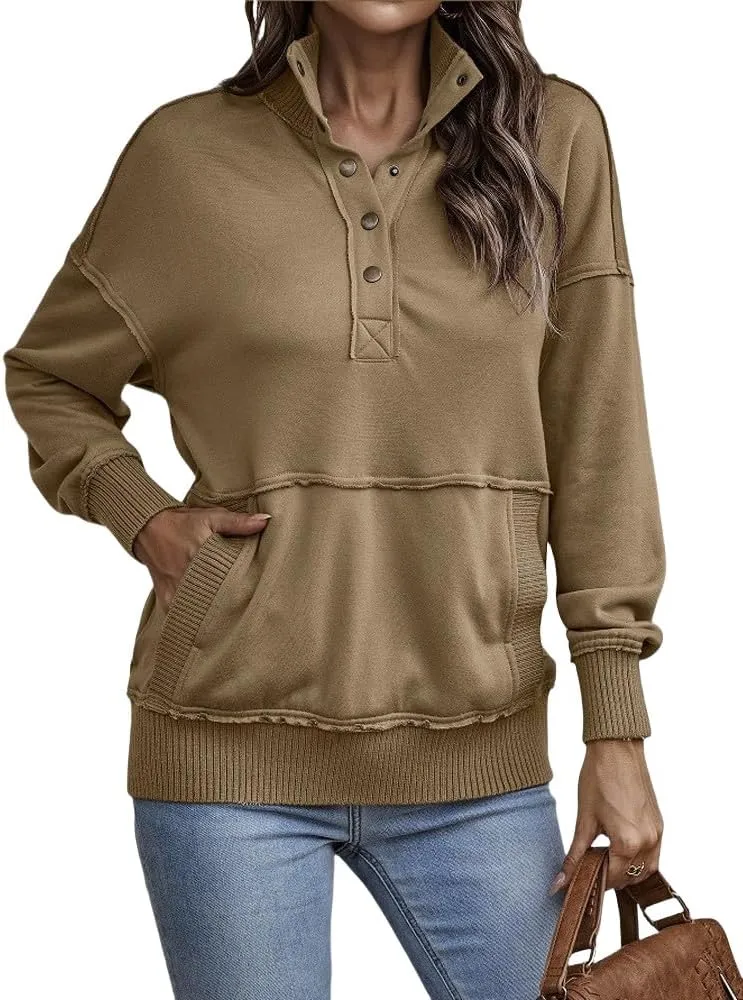 Womens Sweatshirt Casual Long Sleeve Henley Button V Neck Lightweight Sweatshirts Loose Pullover Tops with Pocket