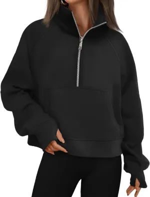 Womens Sweatshirt Half Zip Pullover Fleece Hoodie Quarter Zipper Cropped Sweatshirt Fall Outfits Clothes Thumb Hole